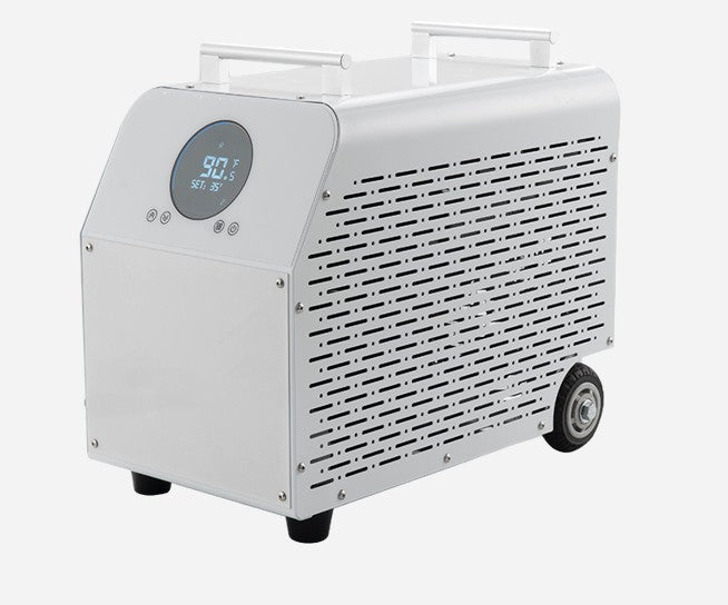 White industrial water chiller unit with digital display on a white background